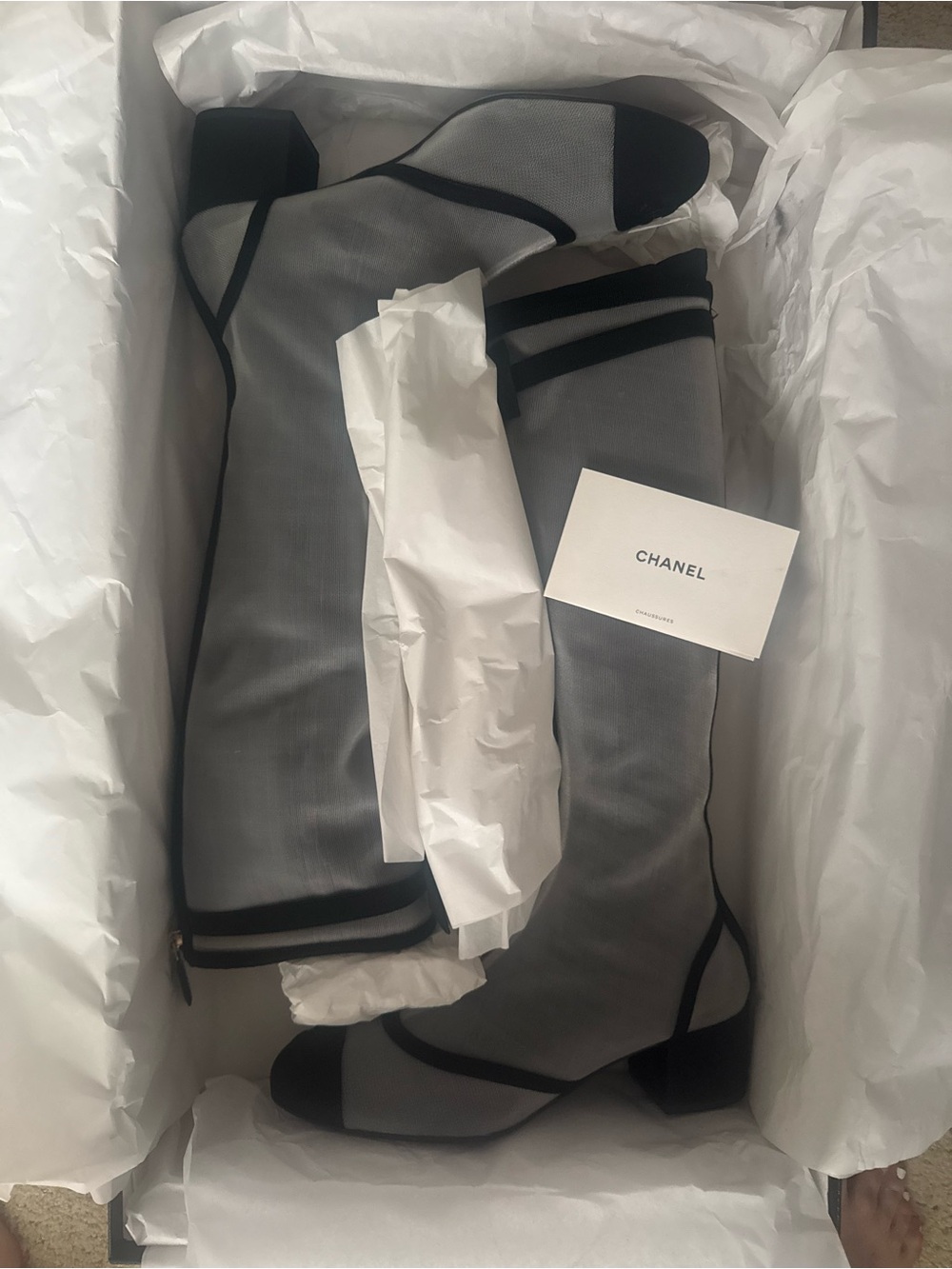 CHANEL Sheer Knee-High Heeled Boots